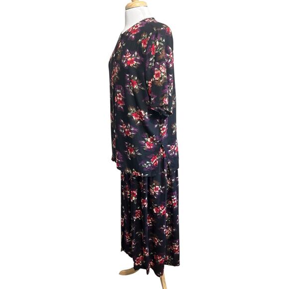 Vtg KATHIE LEE Black Red Tropical FLORAL 2 Piece Set Rayon Top Skirt PLUS 16W - Picture 4 of 8